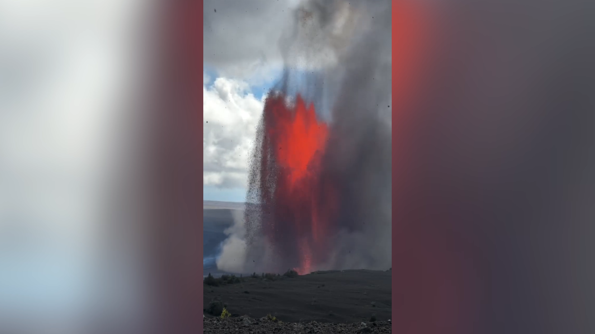 A wide frame from the video showing tall lava fountains rising from Kīlauea’s summit vents with ash and gas drifting above the caldera.